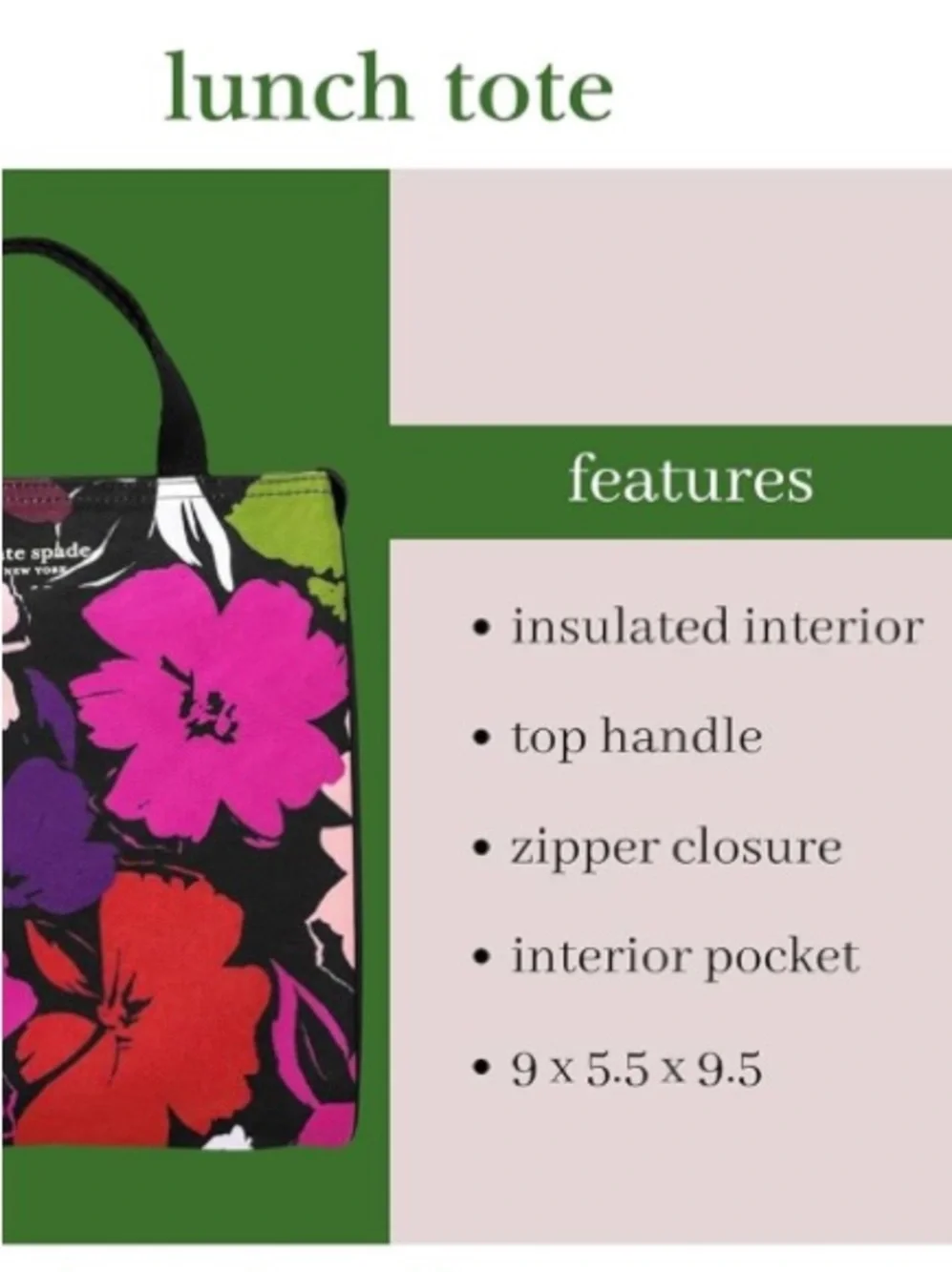 Kate Spade Black and Pink Floral insulated lunch bag - Picture 2 of 8